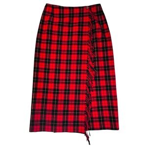 Vintage 90s Red Black Tartan Plaid Wool Blend Blanket Wrap Skirt